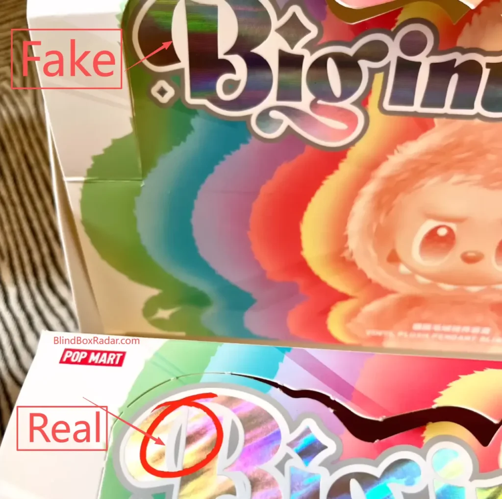 a comparison image showing a close-up of the font and color quality on a real vs. fake box
