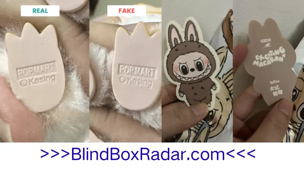 Close-up of Labubu name card and authenticity marker on packaging