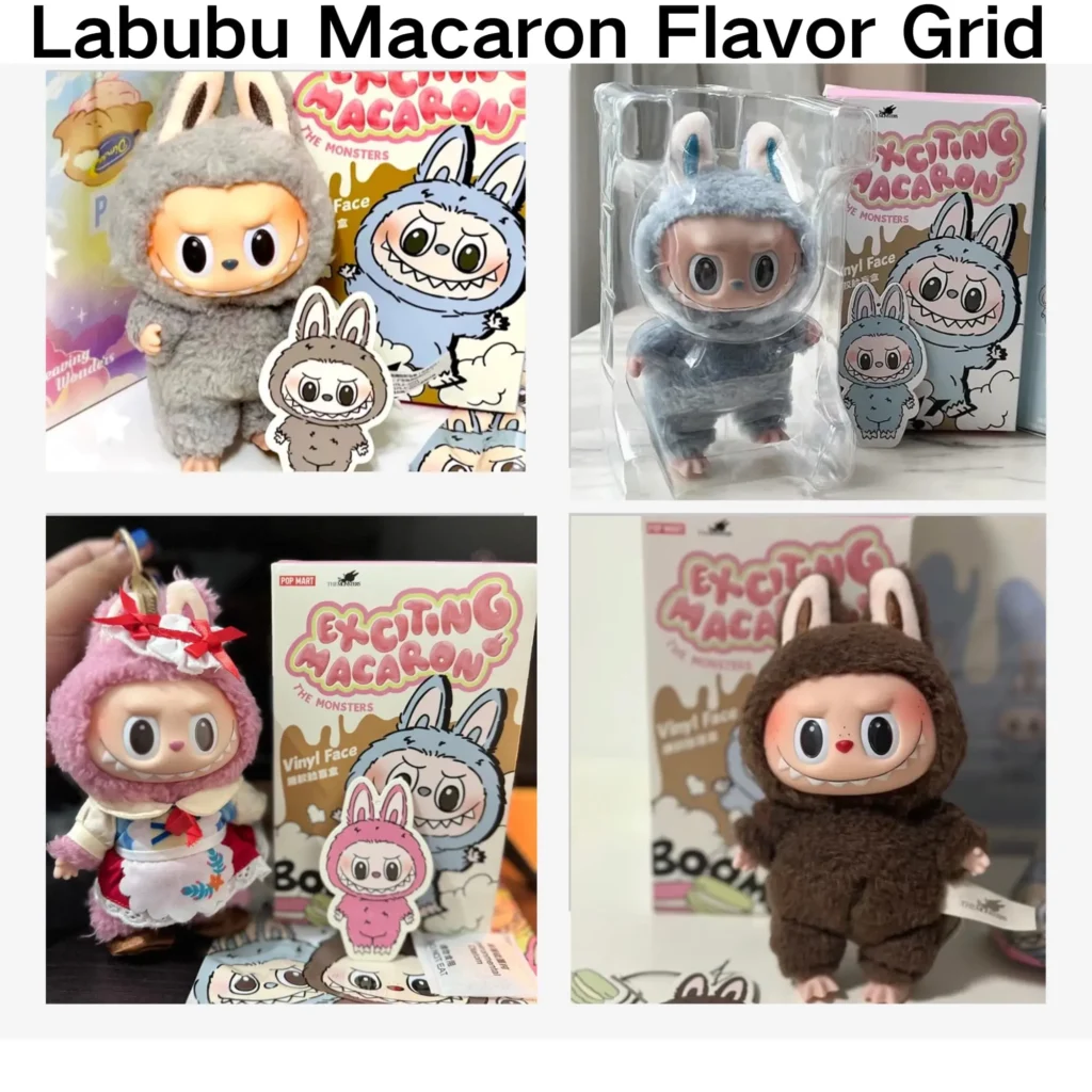Grid of Sesame Bean, Sea Salt Coconut, Lychee Berry, Chestnut Cocoa (Macaron flavors)