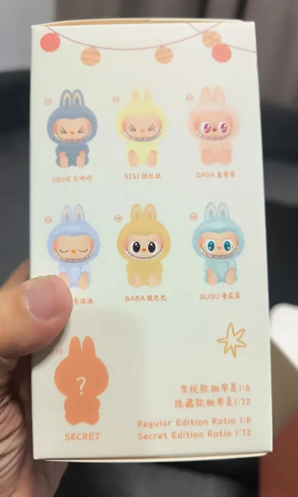 Close-ups of Labubu box side/back panels showing English names for quick in-store lookup