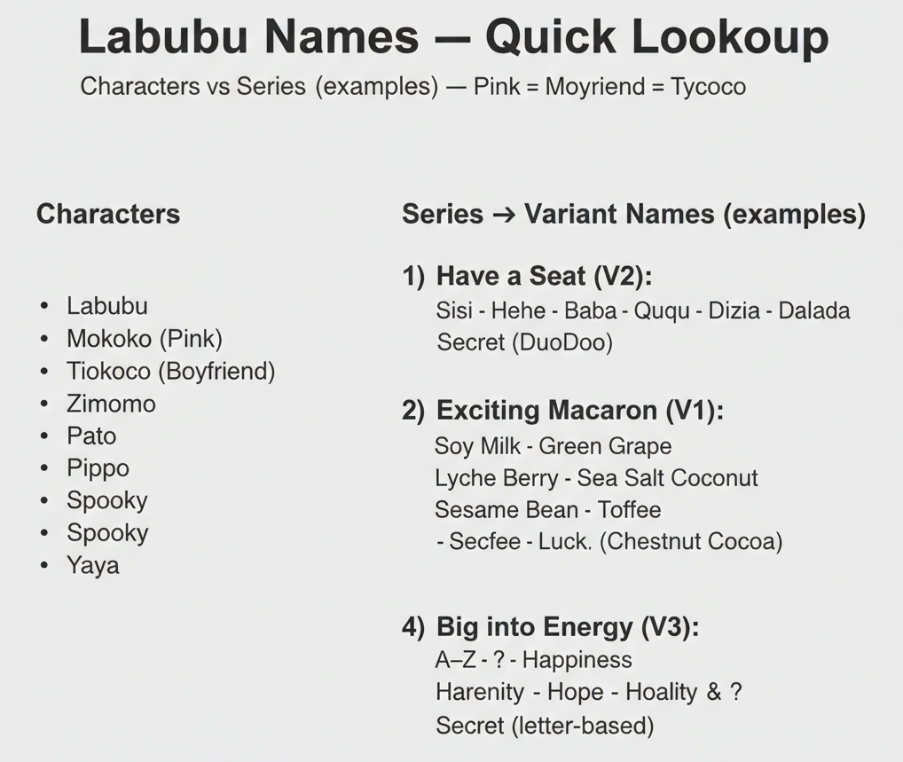 Labubu names quick lookup: characters vs series examples (pink=Mokoko, boyfriend=Tycoco)