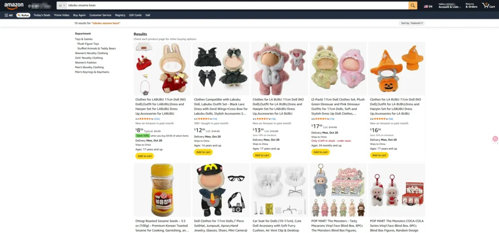 Marketplace lineup: eBay sold listings, Amazon product page, Poshmark listing, and Grailed search for Sesame Bean Labubu
