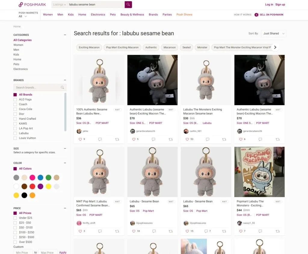 Marketplace lineup: eBay sold listings, Amazon product page, Poshmark listing, and Grailed search for Sesame Bean Labubu