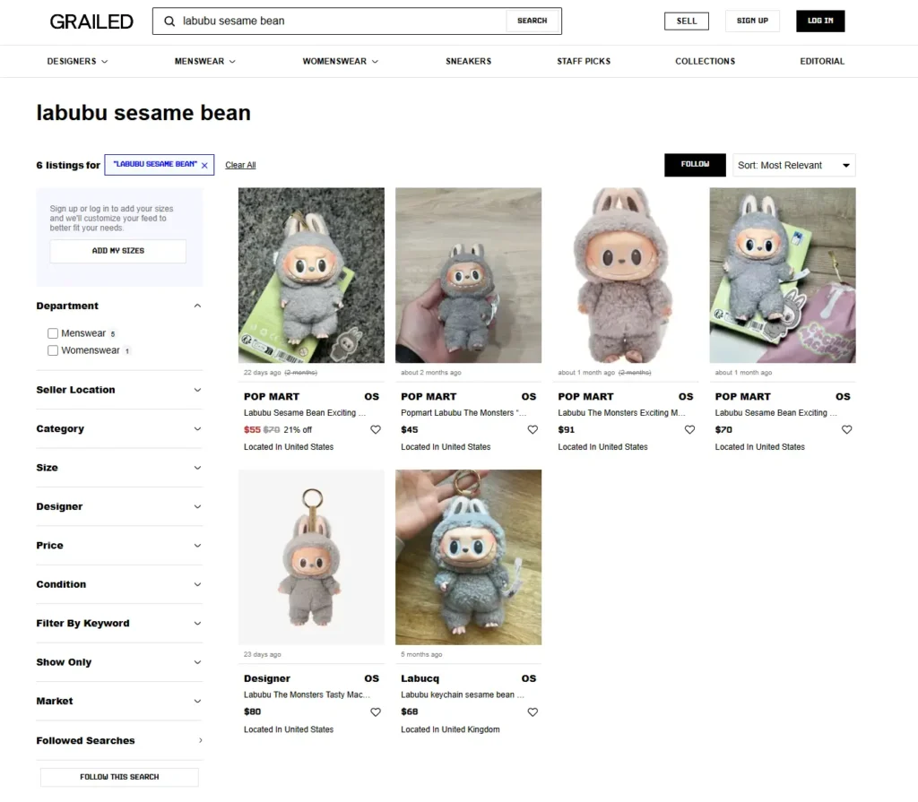Marketplace lineup: eBay sold listings, Amazon product page, Poshmark listing, and Grailed search for Sesame Bean Labubu