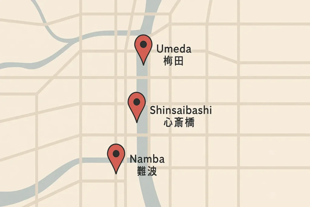 Stylized Osaka map highlighting Shinsaibashi, Namba, and Umeda shopping zones for Labubu hunts