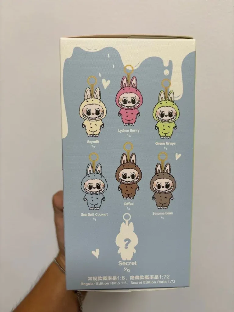 Six Exciting Macaron Labubu flavors side by side with names on cards