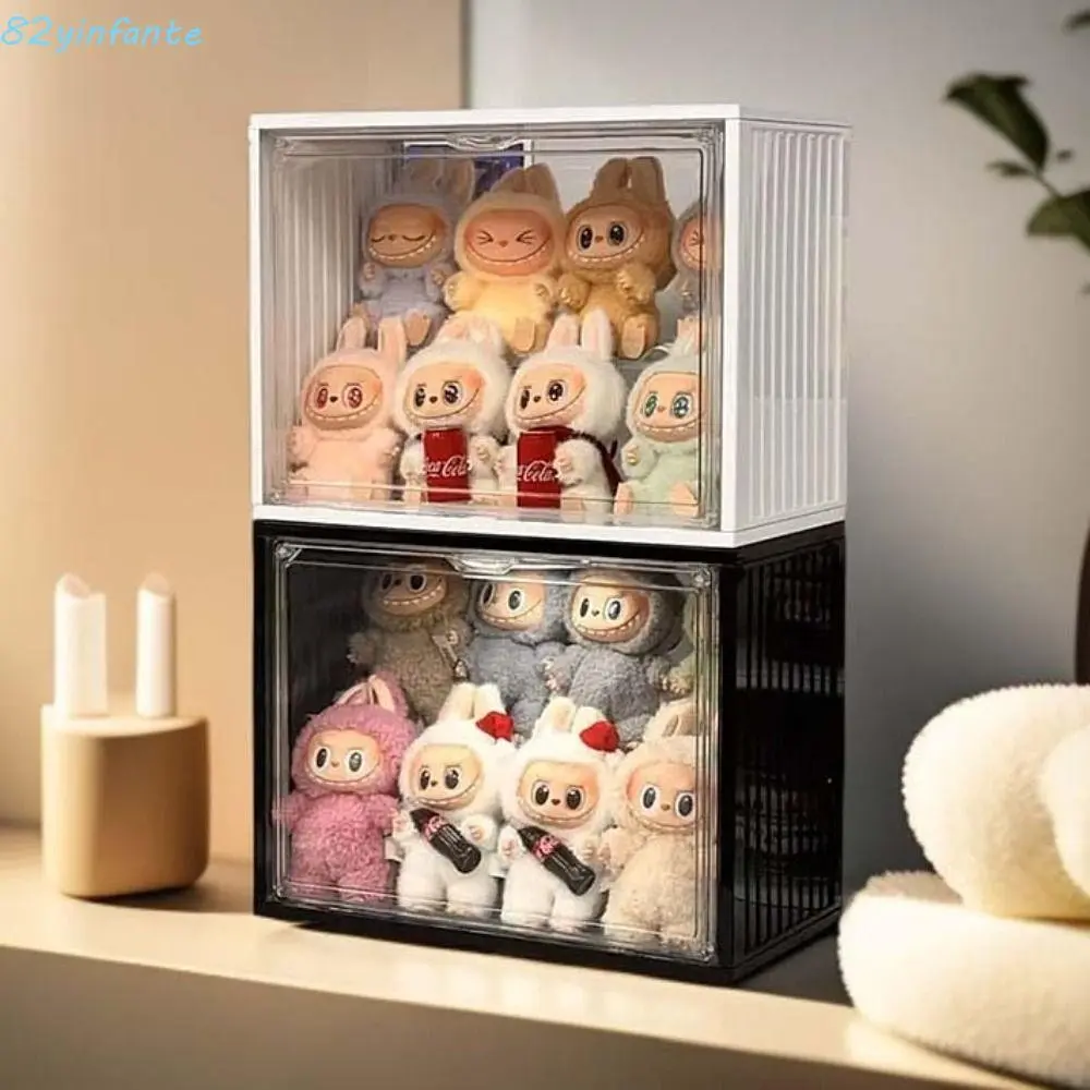 Hehe Labubu in a dust-proof acrylic case under neutral lighting