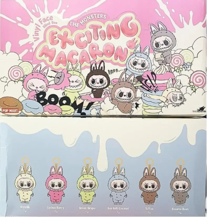 Six Exciting Macaron Labubu flavors side by side with names on cards