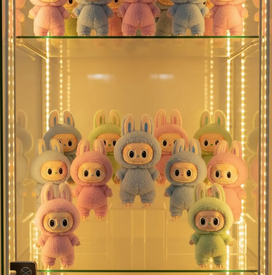 Detolf cabinet with warm lighting highlighting Sea Salt Coconut’s pastel tones
