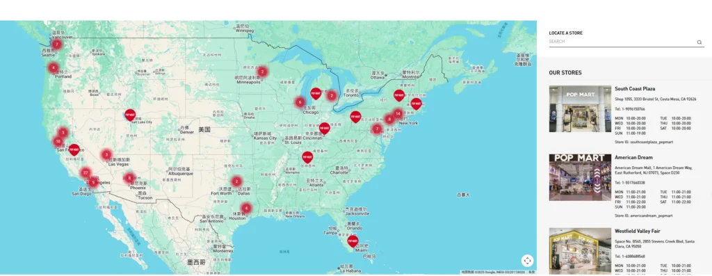 Map pins for Labubu retailers and vending machines near me
