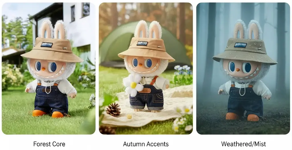Labubu Fall in Wild variant grid by bucket: Forest Core, Autumn Accents, Weathered/Mist