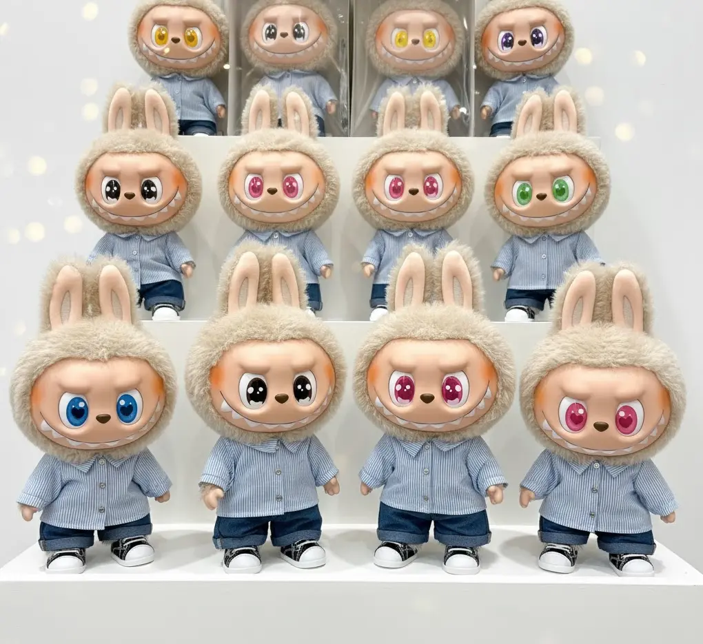 Flip With Me Labubu characters displayed in a clean, brightly-lit shelf setup