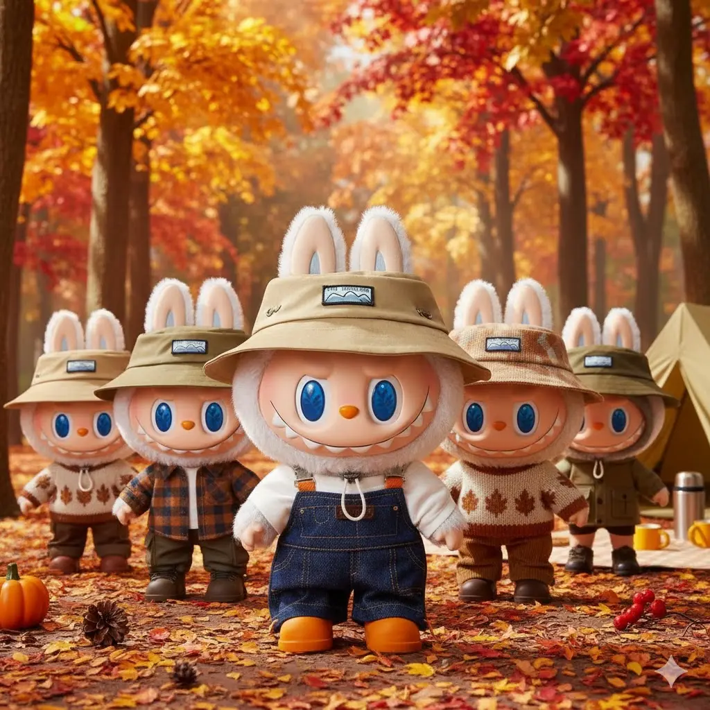 Labubu Fall in Wild lineup in a forest-autumn scene, front-facing portrait