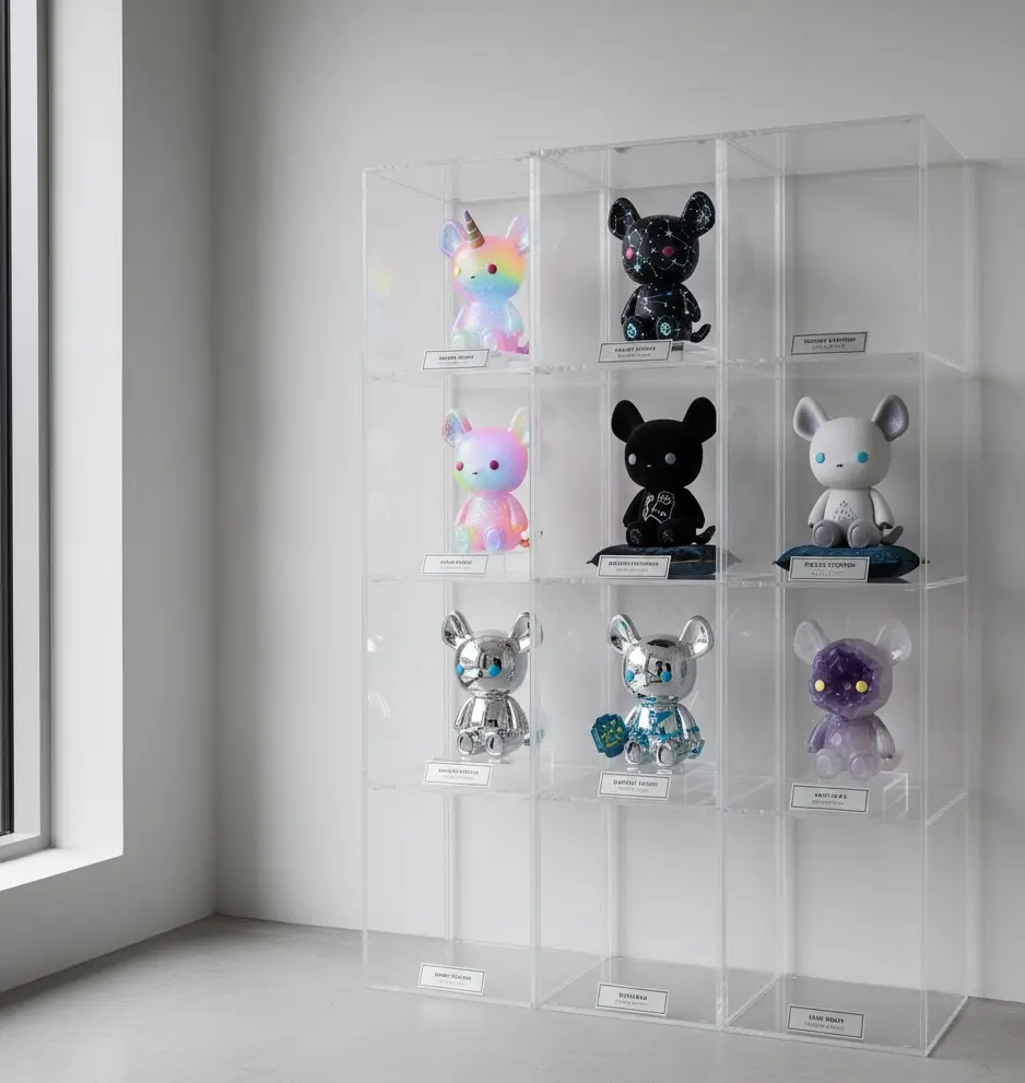 Rare Labubu display — secrets and limited editions in a clean acrylic shelf