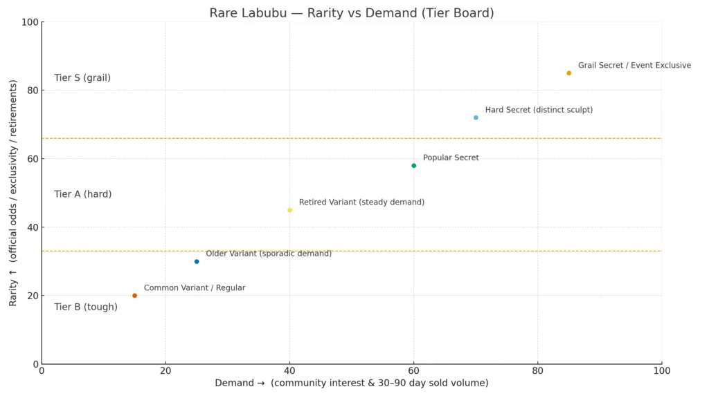 Tier S/A/B board showing relative rarity (Y) vs demand (X) for Labubu secrets and exclusives