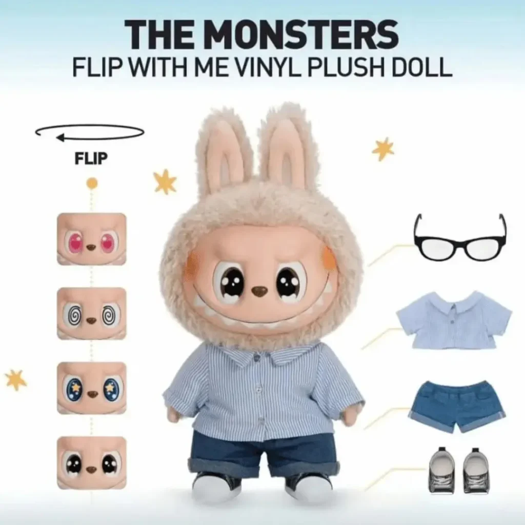 Close-up of Flip With Me Labubu secret pull — special accessory and metallic finish on character