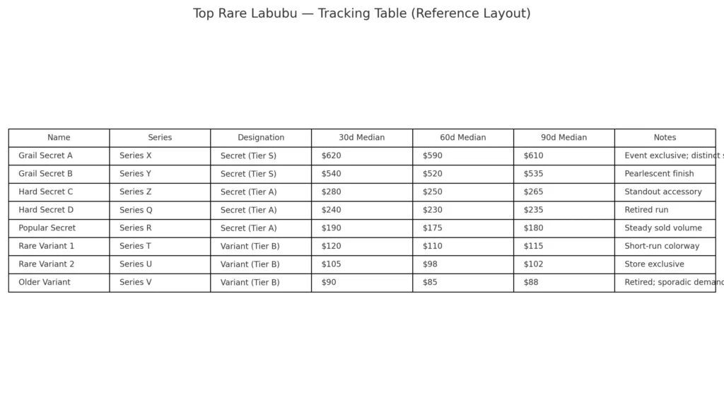 Top rare Labubu tracking table with series, designation, and 30/60/90-day medians