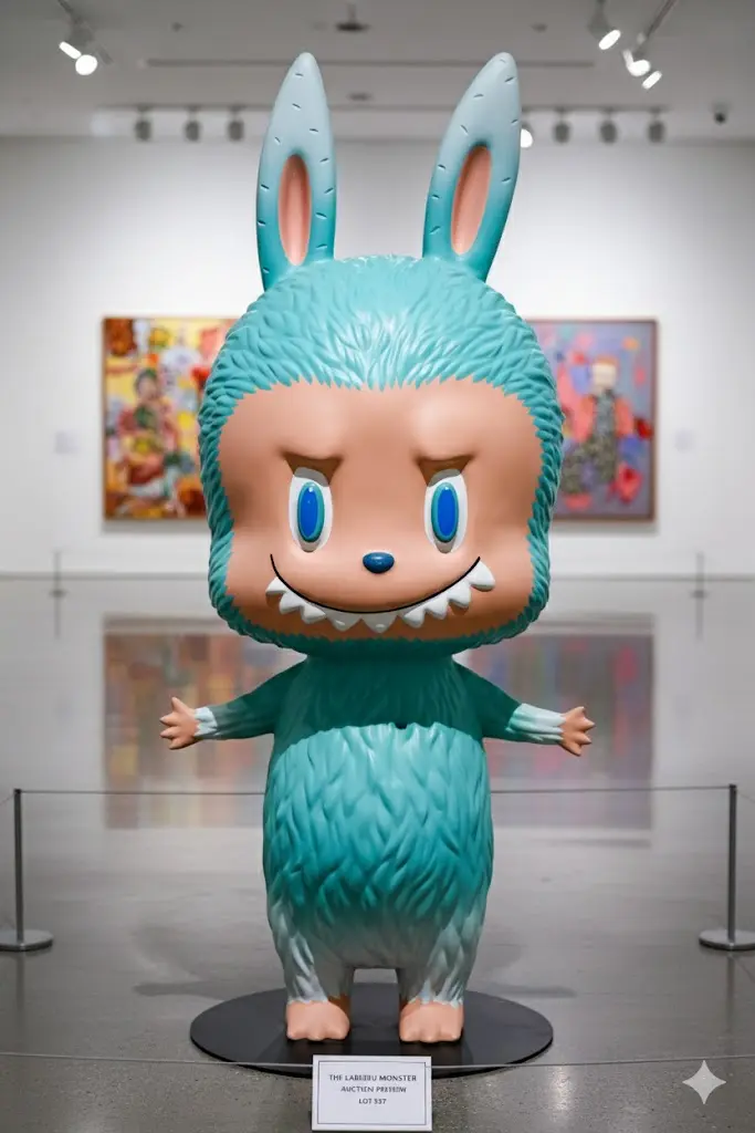 Mint-green human-sized Labubu — front portrait in museum-style gallery (auction preview)
